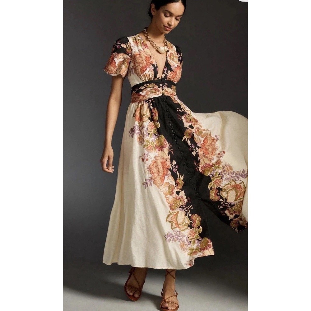 Anthropologie Medium The Catalina Button-Front Cream Black Floral Maxi Dress
